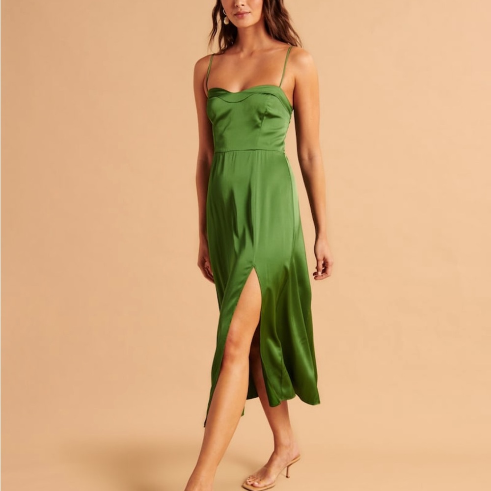Green Satin High-Slit Midi Dress